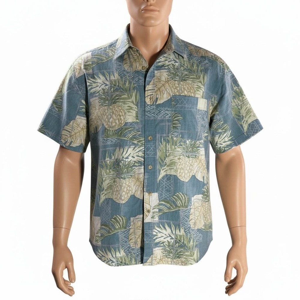 Cooke‎ Street Hawaiian Aloha Shirt 2XL Pineapples Floral Reverse Print Blue-Gray